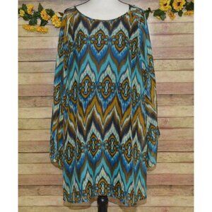 Cute Umgee Plus 1XL Shift Dress Blue & Brown Chevron Print Long Sleeve Lined